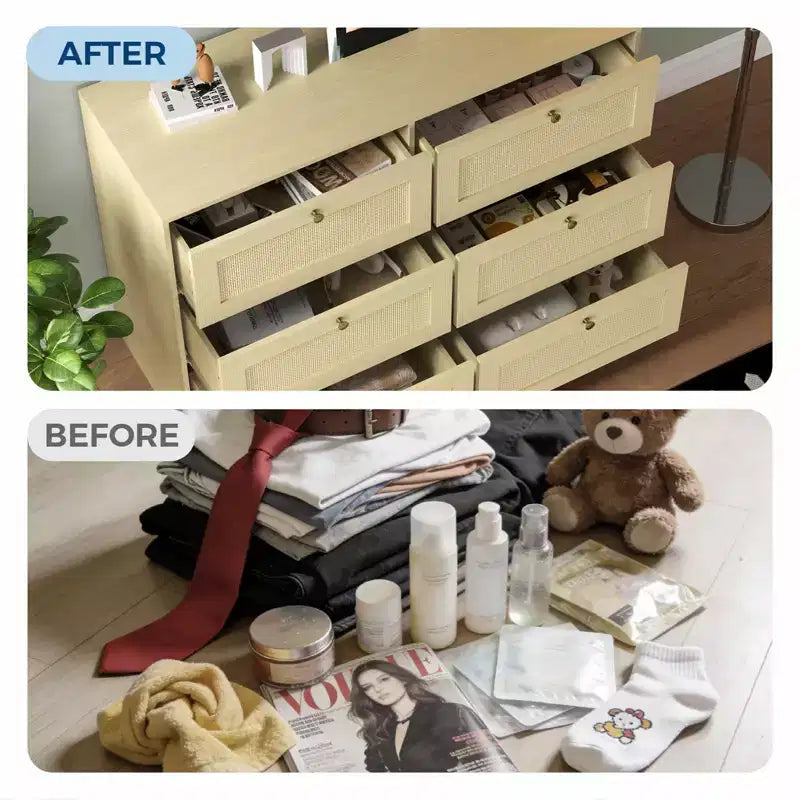Comò moderno a 6 cassetti in rattan, Rovere Naturale, Organizer per armadio in legno, Design Bohemien e maniglie in legno