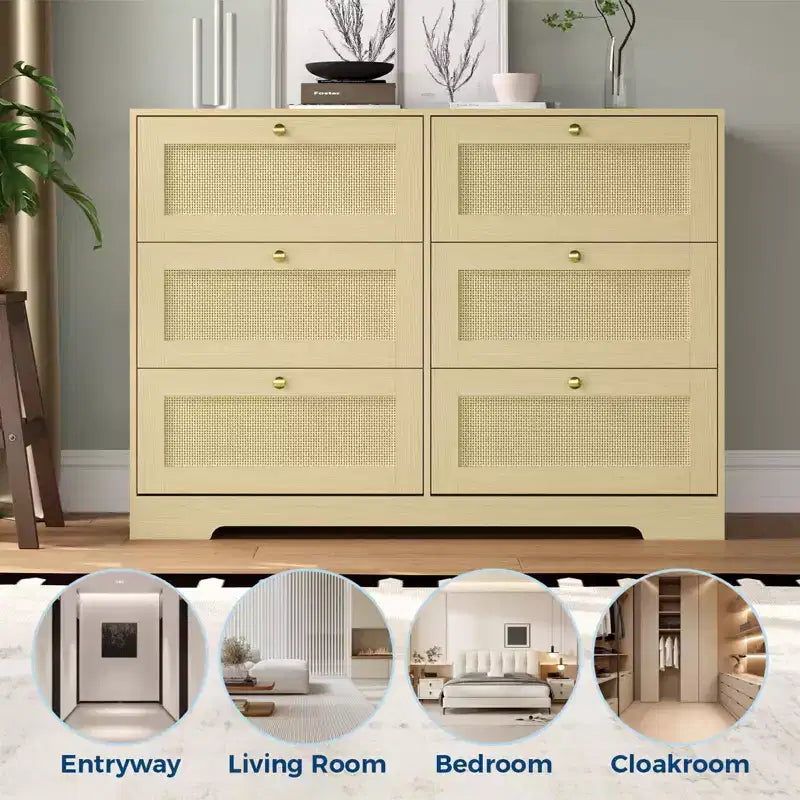 Comò moderno a 6 cassetti in rattan, Rovere Naturale, Organizer per armadio in legno, Design Bohemien e maniglie in legno