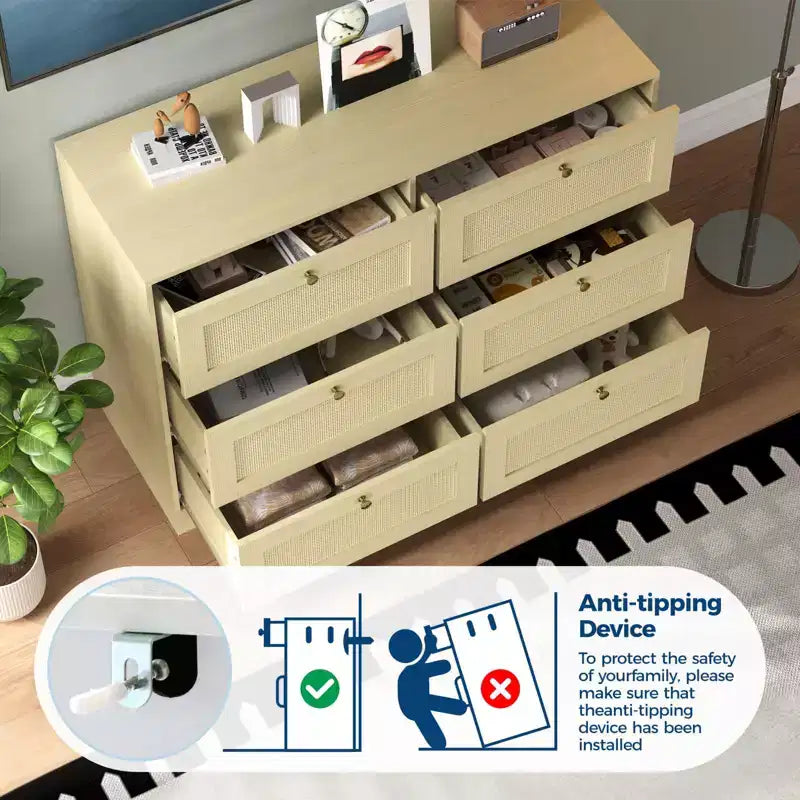 Comò moderno a 6 cassetti in rattan, Rovere Naturale, Organizer per armadio in legno, Design Bohemien e maniglie in legno