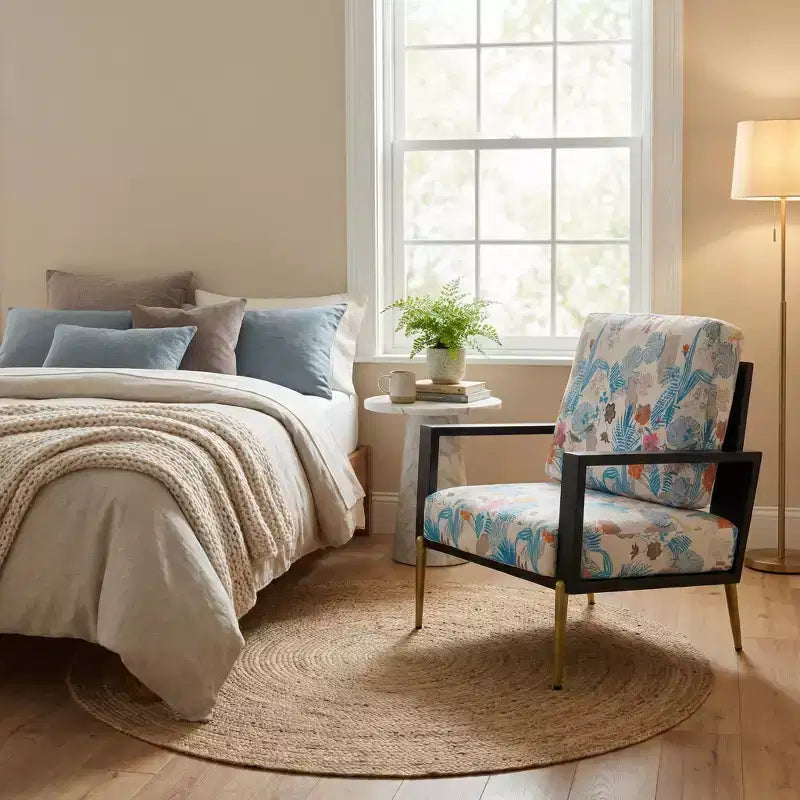 Poltrona d'Appoggio Imbottita Floreale con Gambe in Metallo, Poltrona Lounge Moderna Stampata per Soggiorno, Camera da Letto o Angolo Lettura