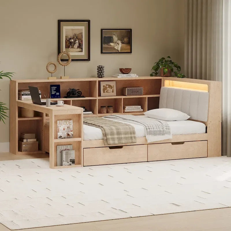 Divano Letto a "L" in Legno con Scrivania, Mobile Libreria, Letto Angolare con Cassetti Sottostanti, Testiera Imbottita con Luce Integrata