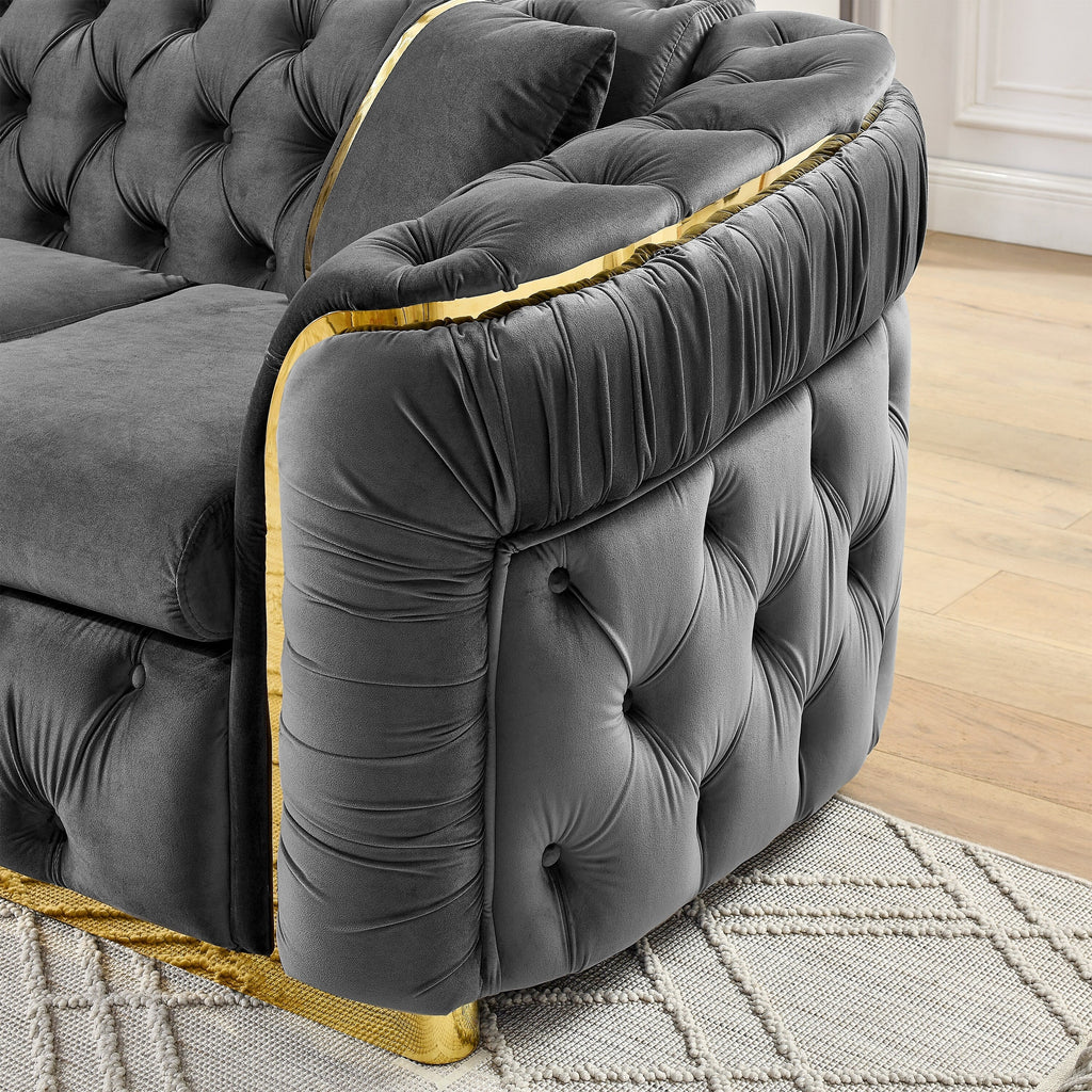 Divano 3 posti in velluto da 229 cm con 2 cuscini, imbottitura ad alta densità, dettagli dorati e cuscini decorativi