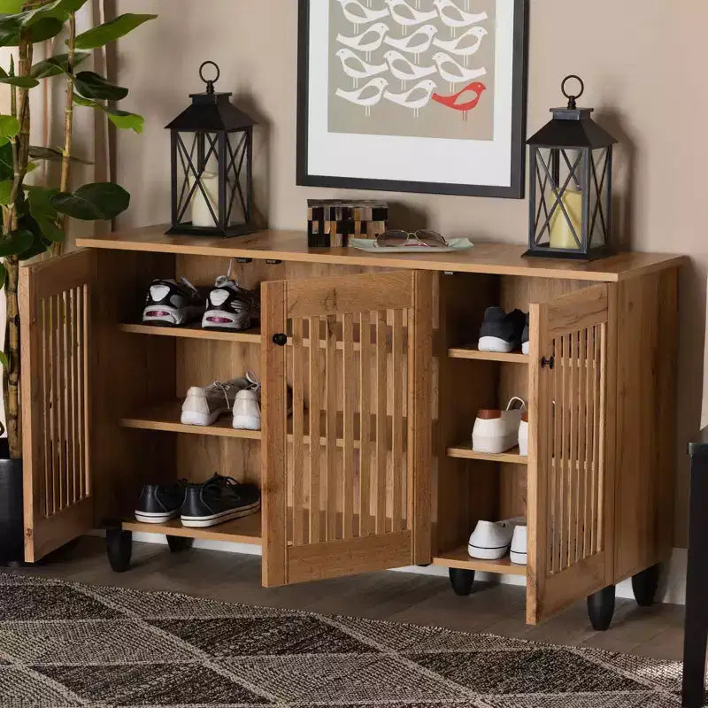 Baxton Studio Fernanda Mobile a 3 ante in legno Rovere Marrone/Nero: Ripiani fissi, Scarpiera, Mobile contenitore a 6 ripiani