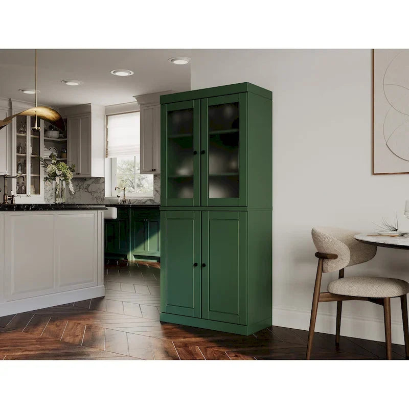Mobile Dispensa in Legno Massello al 100% con Ante in Vetro Satinato, Ante Piene, 2 Cassetti e Ripiani Regolabili