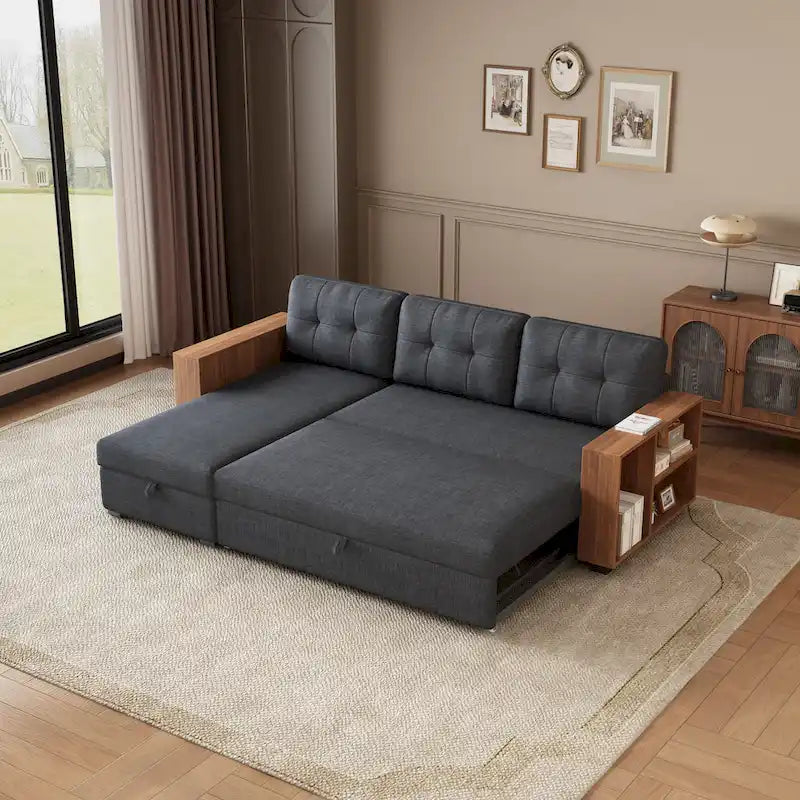 Divano Sezionale Convertibile con Letto Estraibile e Chaise Longue Contenitore Nascosto