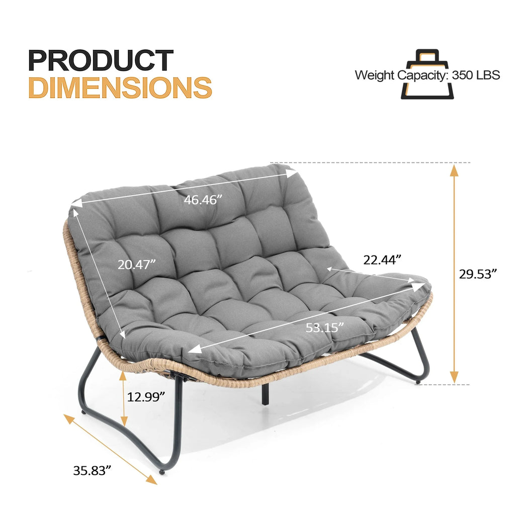 Divanetto due posti Double Papasan con cuscino, in rattan PE per tutte le stagioni e struttura in metallo per interni ed esterni