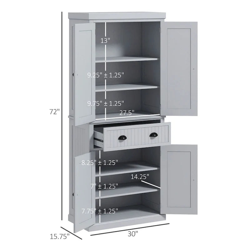 Armadio dispensa da cucina da 72 pollici, mobile tradizionale autoportante con 4 ante e 3 ripiani regolabili, ampio cassetto centrale