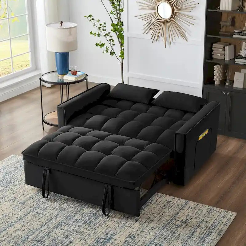 Divano Letto Estraibile 4-in-1 - Divanetto in Velluto - Divano Letto Convertibile con Schienale Reclinabile, 2 Tasche Laterali