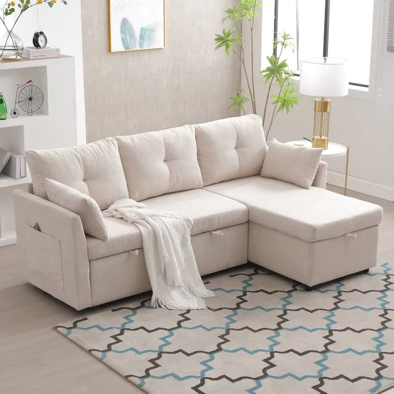 Divano Sezionale a L con Chaise Reversibile, Rivestimento in Velluto a Coste/Ciniglia, con Bracciolo Portaoggetti e Tasca Laterale