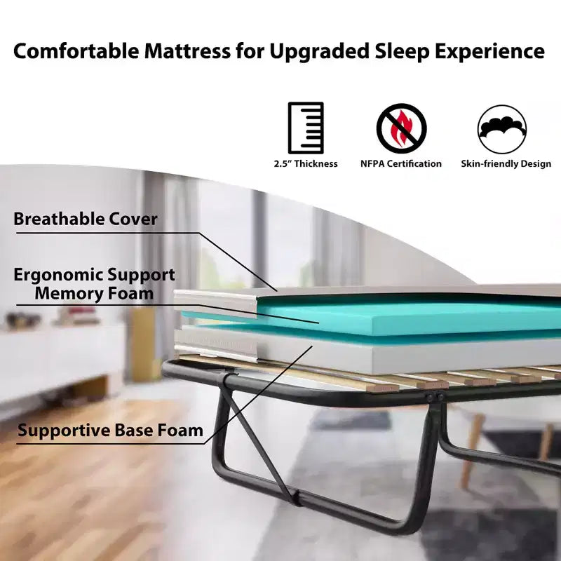 Letto Pieghevole con Materasso Memory Foam, Rete in Metallo e Doghe in Legno, Prodotto in Italia