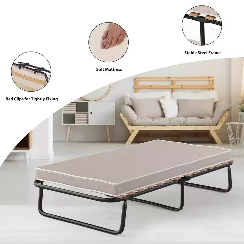 Letto Pieghevole con Materasso Memory Foam, Rete in Metallo e Doghe in Legno, Prodotto in Italia