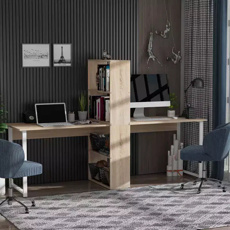 Scrivania per computer extralunga da 88 pollici per 2 persone con mensole portaoggetti, postazione di lavoro doppia con contenitore e tavolo da studio/scrittura per ufficio a casa, libreria