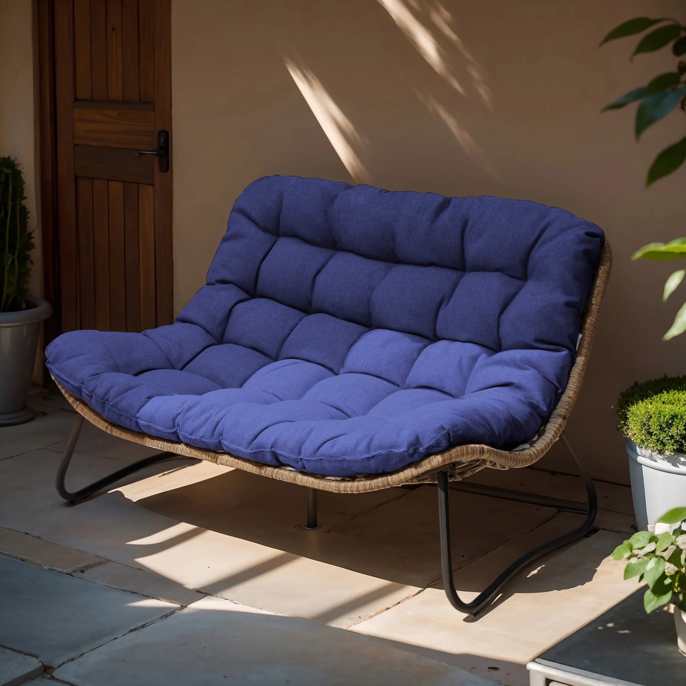 Causeuse double Papasan avec coussin, rotin PE tout temps et cadre en métal pour l'intérieur et l'extérieur