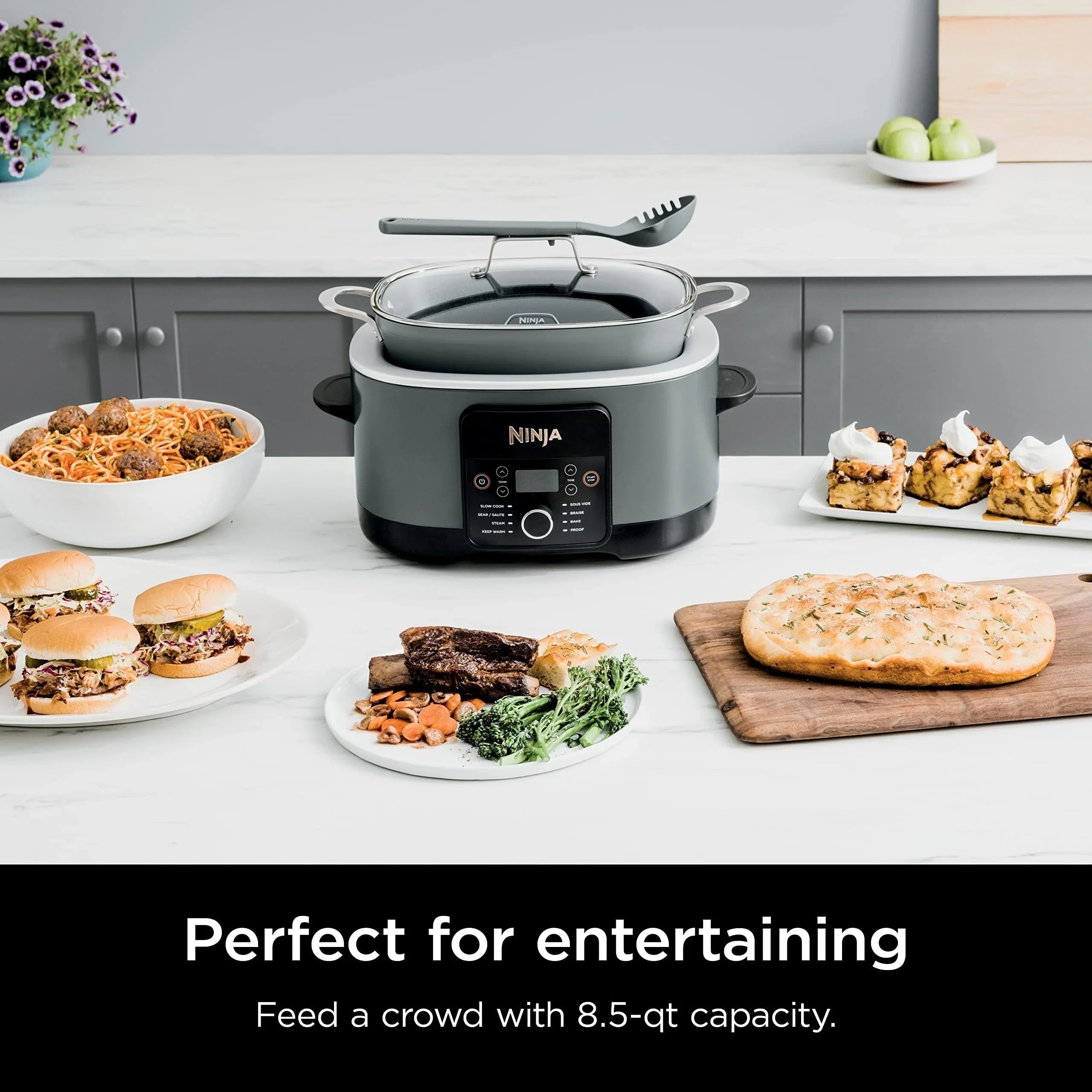 Multi-Cooker da 8,5 litri, con 8 funzioni in 1: Slow Cooker, Pentola Olandese, Vaporiera, Coperchio in Vetro, Cucchiaio Integrato, Pentola Adatta al Forno fino a 260°C