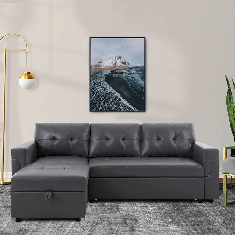 Divano componibile convertibile reversibile con letto estraibile, chaise longue con contenitore nascosto e gambe durevoli