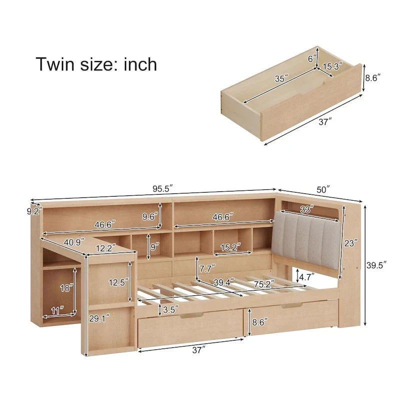 Divano Letto a "L" in Legno con Scrivania, Mobile Libreria, Letto Angolare con Cassetti Sottostanti, Testiera Imbottita con Luce Integrata