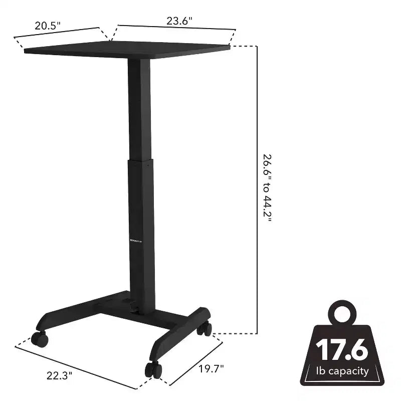 Scrivania per laptop su ruote regolabile in altezza | 60 x 52 cm | Carrello workstation mobile per seduti o in piedi con sollevamento a molla pneumatica | Nero