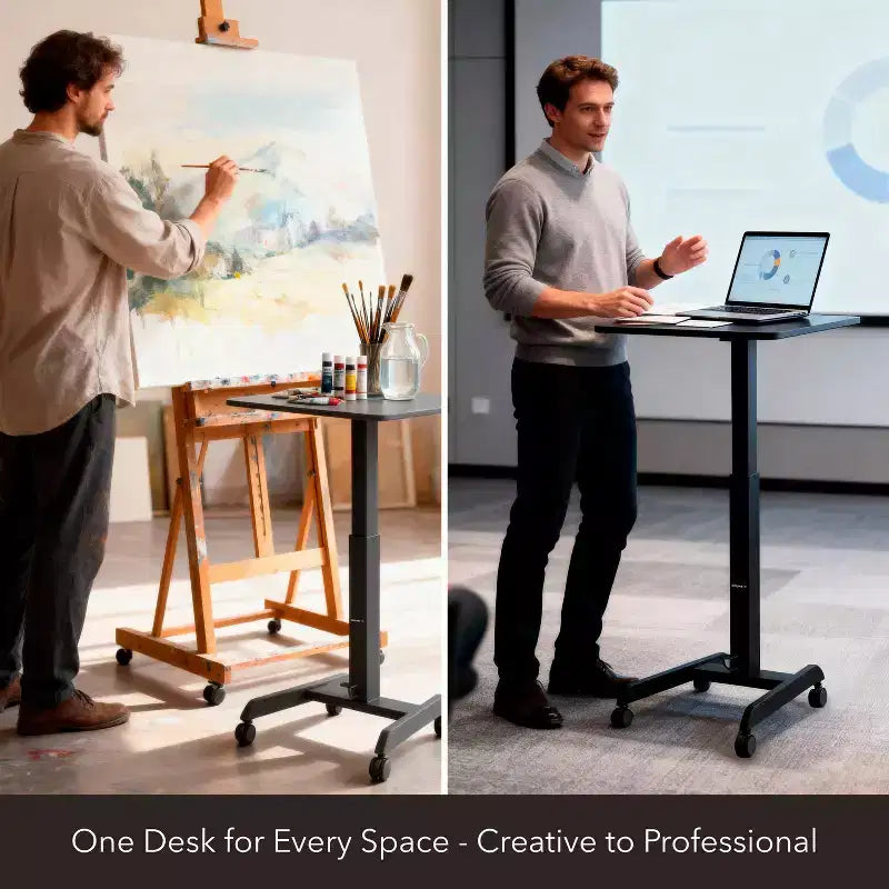 Scrivania per laptop su ruote regolabile in altezza | 60 x 52 cm | Carrello workstation mobile per seduti o in piedi con sollevamento a molla pneumatica | Nero