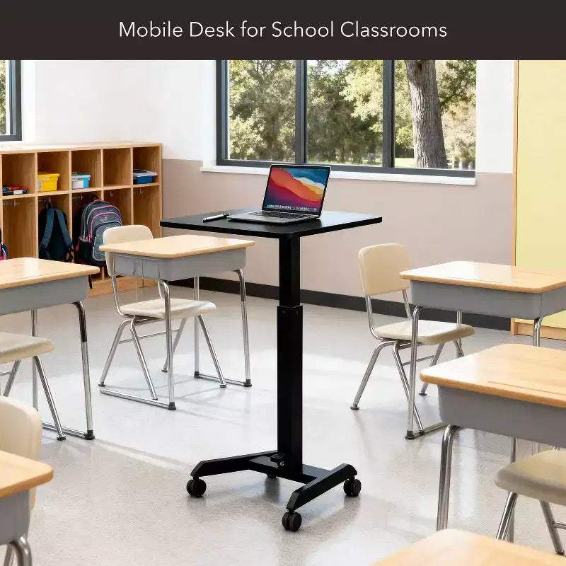 Scrivania per laptop su ruote regolabile in altezza | 60 x 52 cm | Carrello workstation mobile per seduti o in piedi con sollevamento a molla pneumatica | Nero