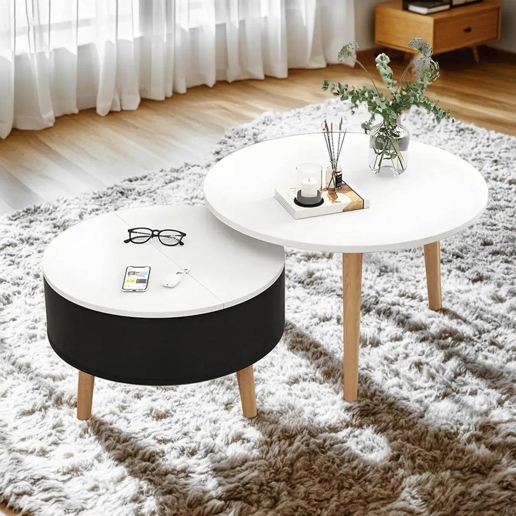 Tavolino da caffè rotondo moderno in legno bianco e nero con contenitore
