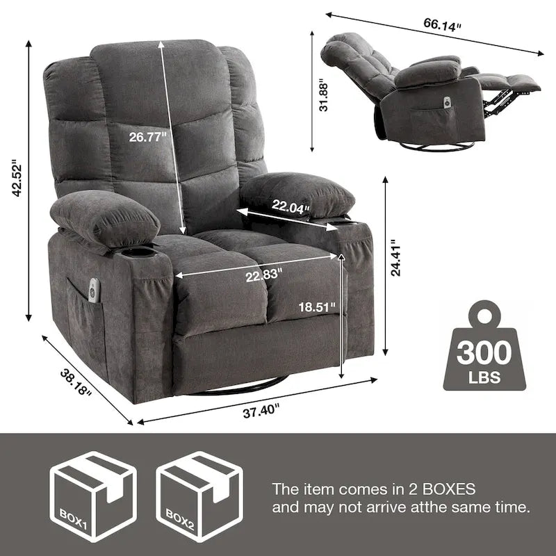 Poltrona reclinabile oversize grigia con calore e massaggio, reclinazione a 150°, oscillazione a 30°, ricarica USB e 2 portabicchieri