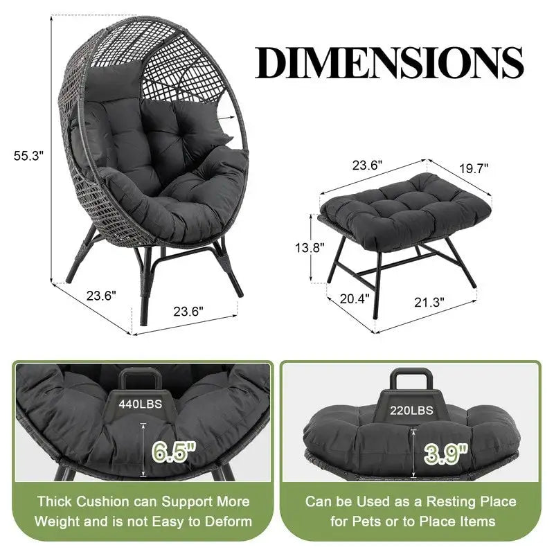 Sedia a Uovo da Interno FINCATI, Sedia a Uovo da Esterno da 440 libbre, Sedia a Uovo Oversize con Ottomana, Sedia a Uovo di Lusso Accogliente con Poggiapiedi
