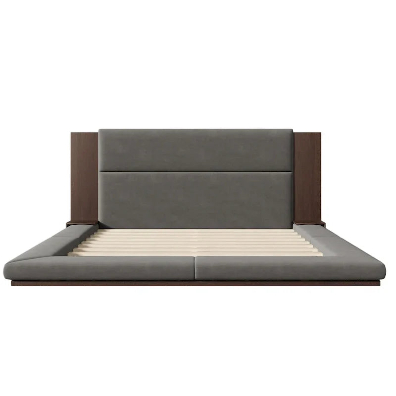 Letto imbottito King Gray Floor a basso profilo con testiera estesa in legno, mensole comodino integrate