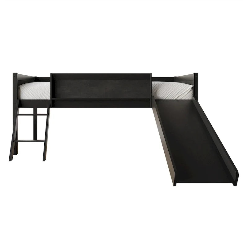 Letto a soppalco basso classico singolo CraftPorch con lavagna, scivolo e scaletta